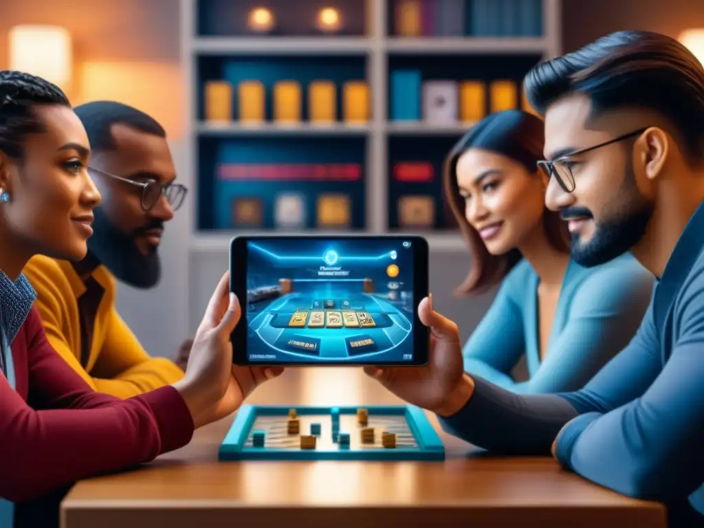 Una escena futurista de diversidad y tecnología con el juego de mesa y la interfaz blockchain en smartphones y tablets