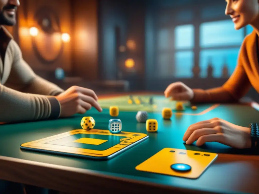 Juego de mesa futurista con IA avanzada y emoción Una escena futurista de juego de mesa con integración de inteligencia artificial, jugadores diversos y tecnología avanzada