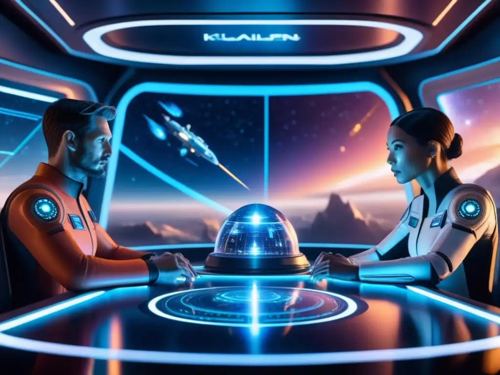 Una escena futurista en una nave espacial con figuras transhumanas discutiendo sobre conspiraciones en Eclipse Phase