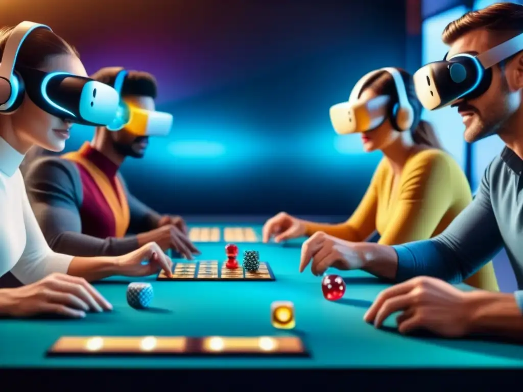 Juego de mesa futurista en realidad virtual con variedad de jugadores Una escena futurista con personas de diferentes edades y orígenes usando auriculares de realidad virtual en un juego de mesa