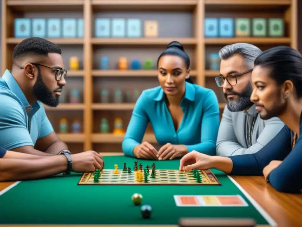 Una escena de juego de mesa que refleja la inclusión en juegos de mesa con diversidad de jugadores concentrados y camaradería