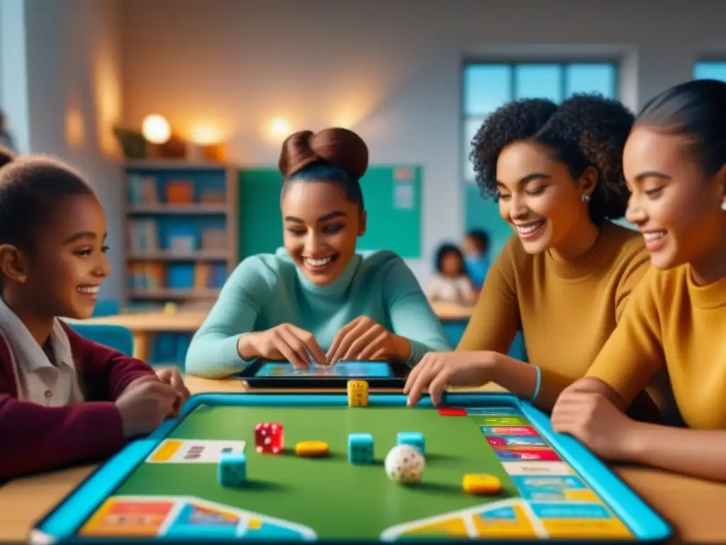 Una escena luminosa de niños de diversas etnias jugando juegos de mesa educativos y apps educativas en un aula alegre