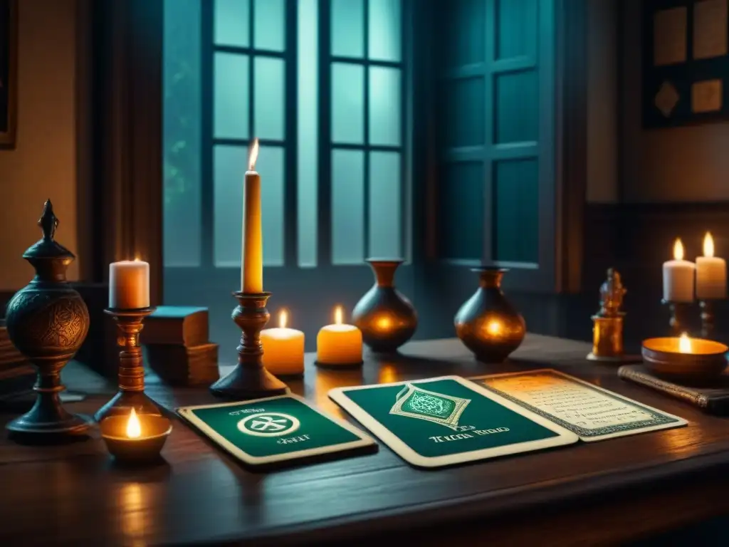 Escena misteriosa con artefactos ocultos y una carta de tarot, evocando la historia de 'Arkham Horror: El Juego de Cartas'