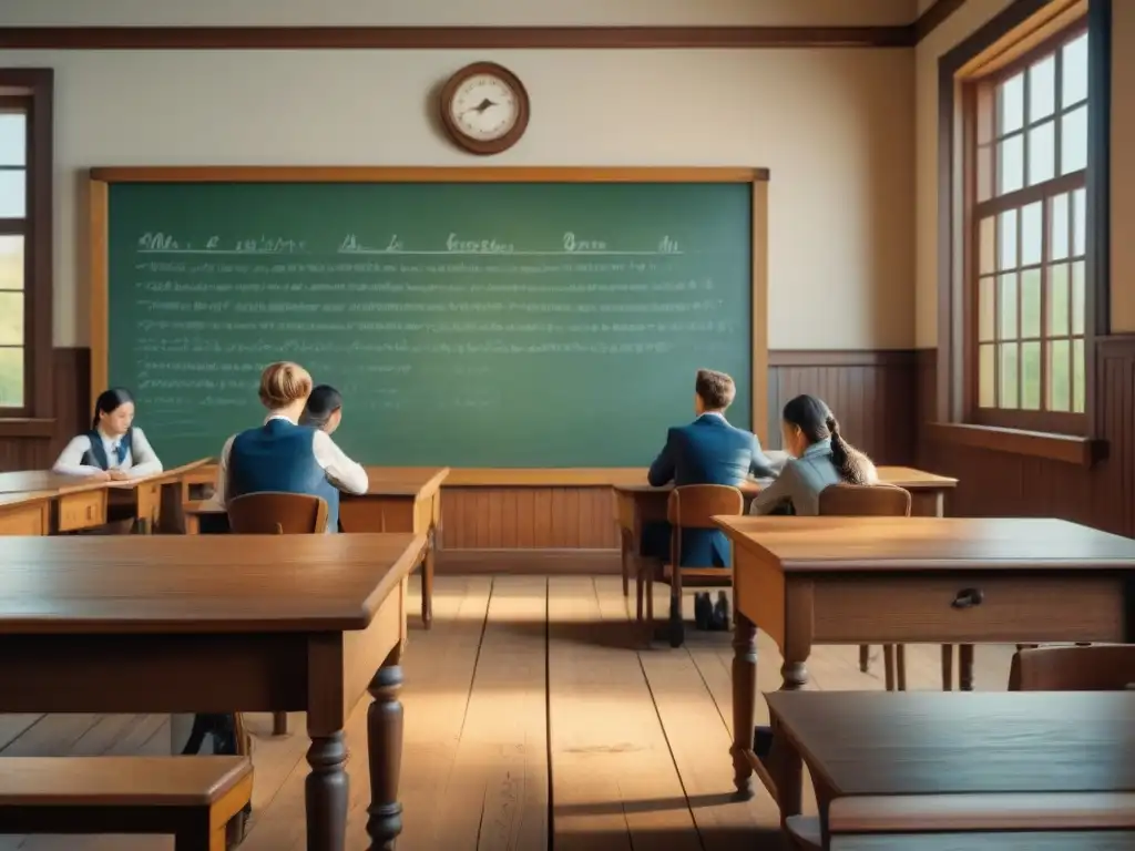 Escena nostálgica en una escuela vintage con alumnos de diversas edades aprendiendo