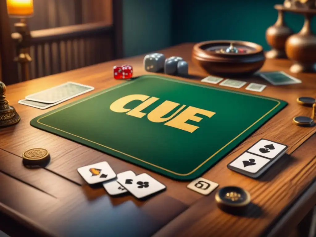 Una escena nostálgica del juego Clue en una mesa de madera, con cartas, dados y fichas de personajes