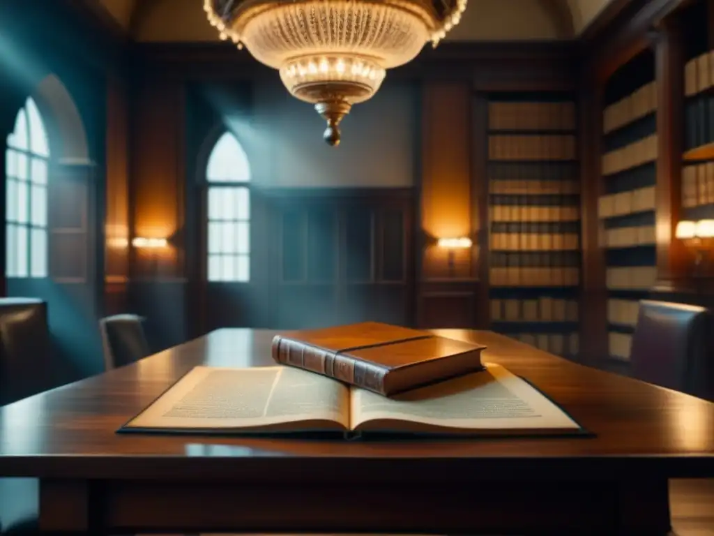 Escena solemne en la Biblioteca de Oxford con antigua mesa de madera y manuscritos