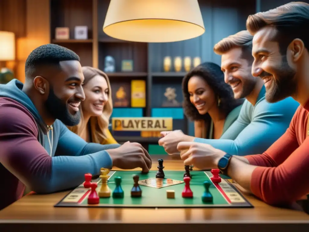 Una escena vibrante de amigos disfrutando de juegos de mesa, reflejando diversidad y emoción