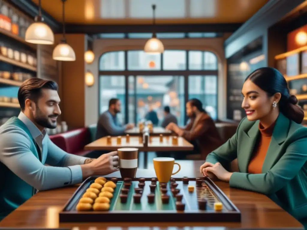 Una escena vibrante de café con juegos de mesa personalizados, diversidad y camaradería entre los jugadores