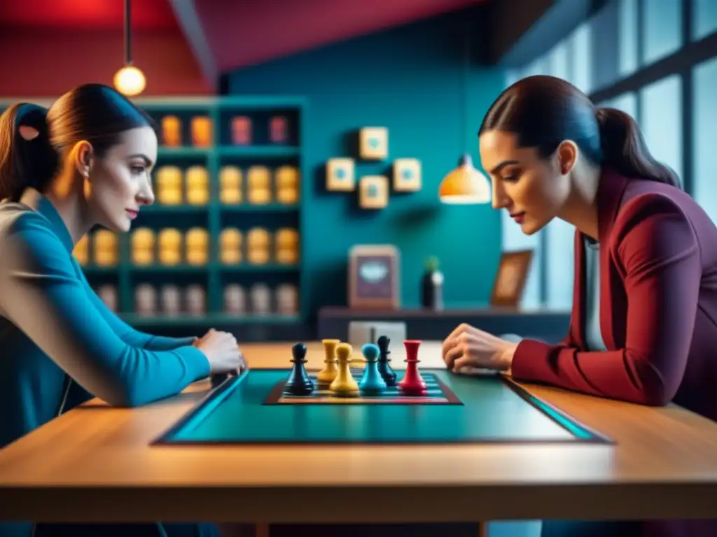 Una escena vibrante en un café de juegos de mesa moderno, donde personas diversas juegan con concentración, rodeadas de juegos de todas las épocas