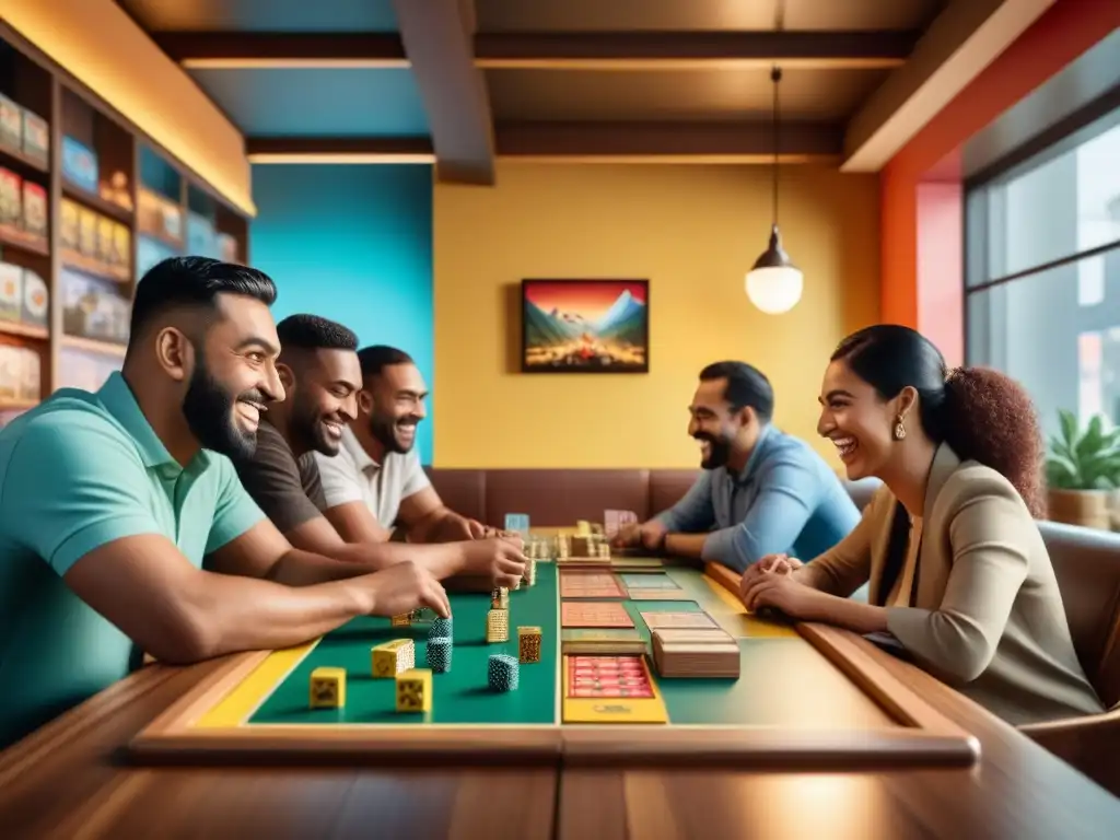 Escena vibrante en cafetería de juegos de mesa, con diversidad cultural y risas