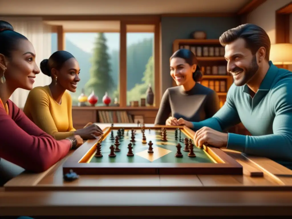 Una escena vibrante de diversidad y camaradería en una partida de juegos de mesa