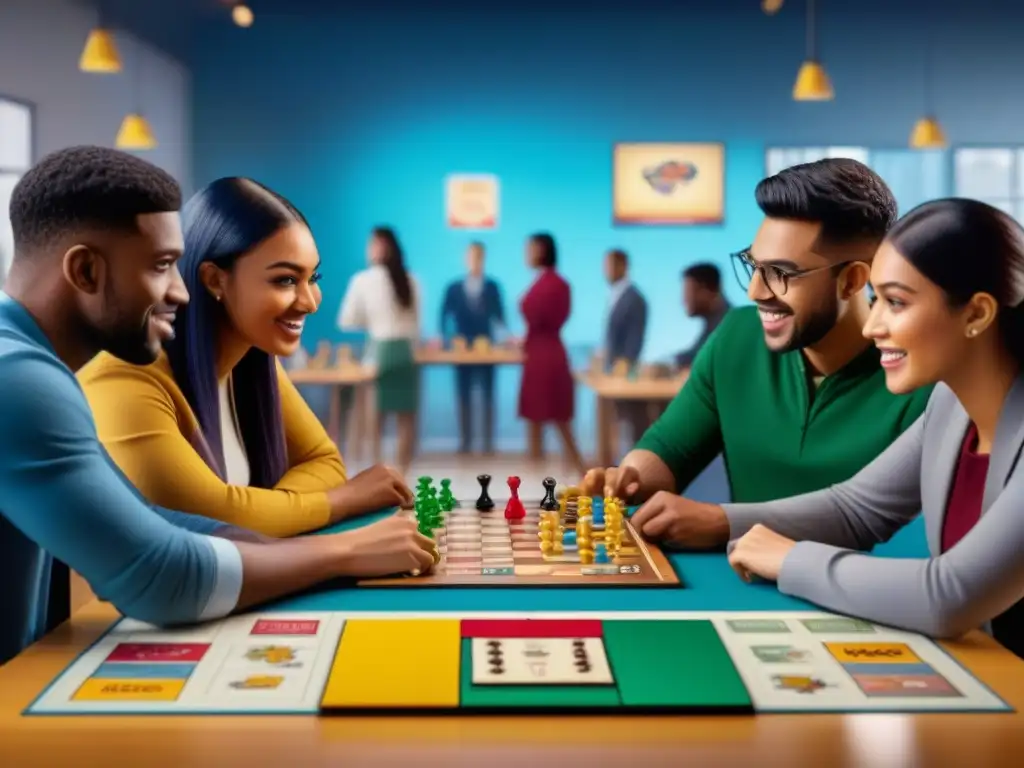 Una escena vibrante de integración de juegos de mesa en un aula, con estudiantes diversos participando activamente en juegos educativos