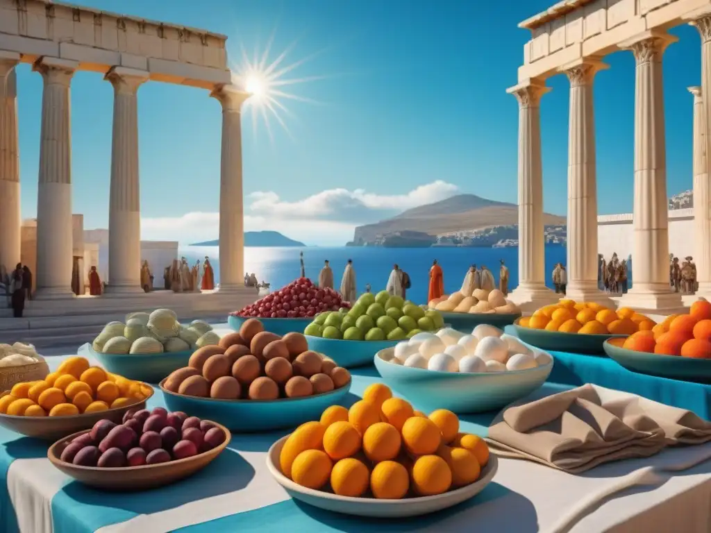 Escena vibrante de mercado en la antigua Grecia con juegos de mesa, niños y mitología, entre columnas blancas y cielo azul