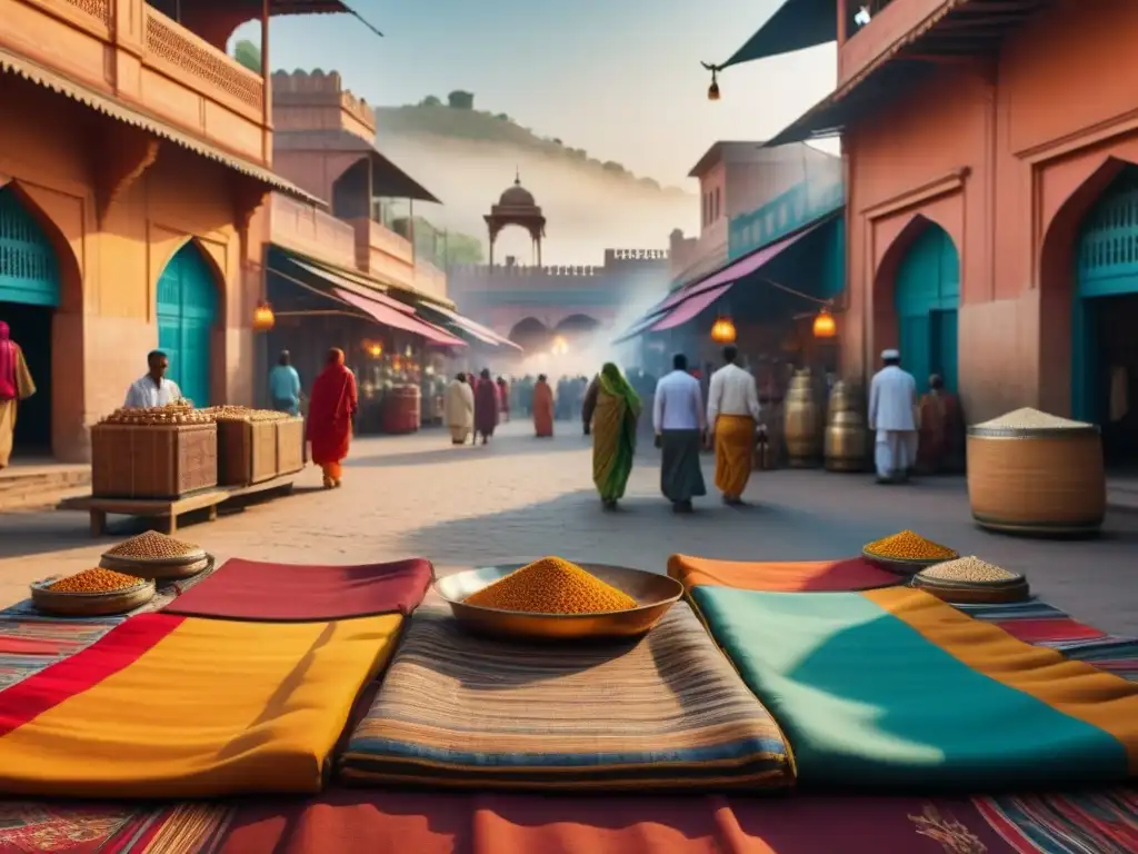 Escena vibrante de mercado en Jaipur: comerciantes, colores y patrones en un juego de energía y tradición