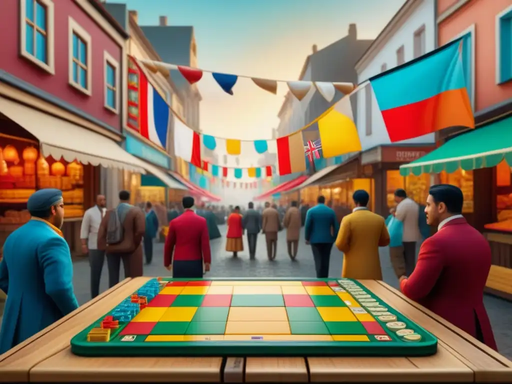 Una escena vibrante de juegos de mesa entre culturas diversas en una esquina de ciudad, reflejando unidad y diversidad