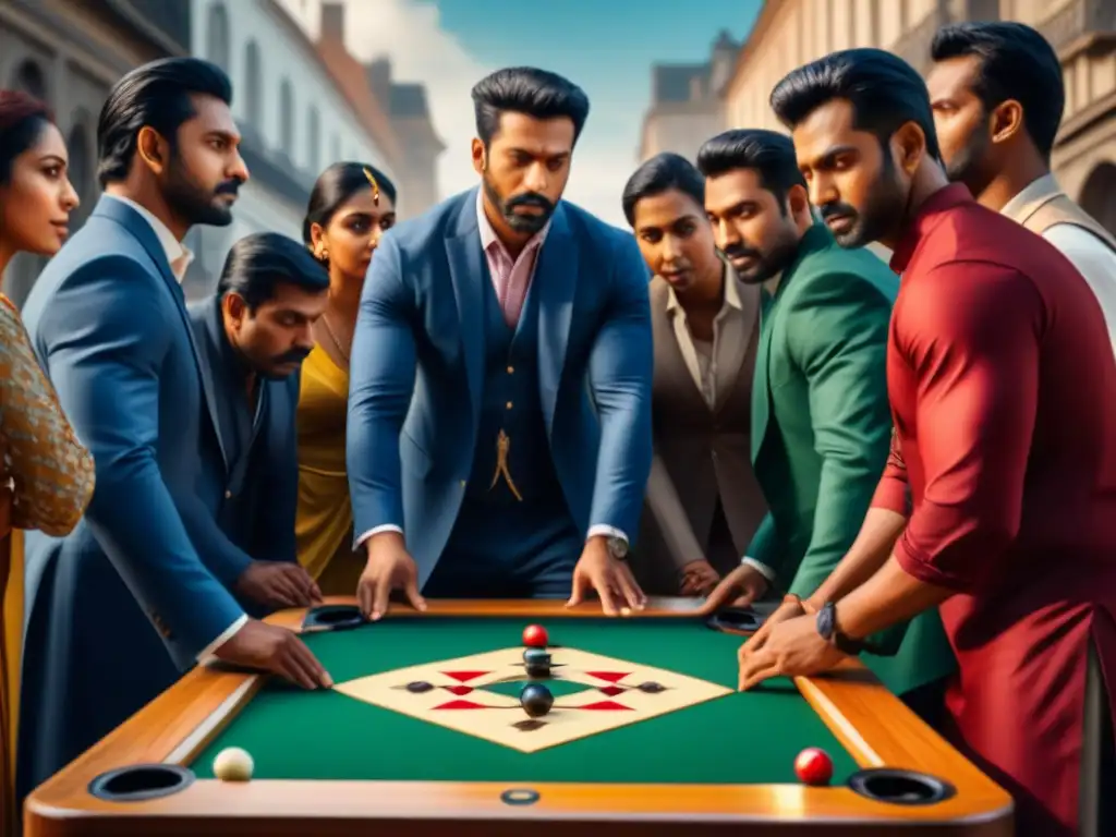 Juego de Carrom: Diversidad y Comunidad en la Ciudad Una escena vibrante muestra a diversas personas jugando Carrom en una plaza de ciudad, resaltando la unión comunitaria y el auge mundial del Carrom
