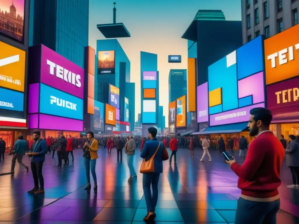 Una escena vibrante en la plaza de la ciudad muestra a personas de todas las edades y orígenes sumergidas en jugar Tetris en múltiples dispositivos