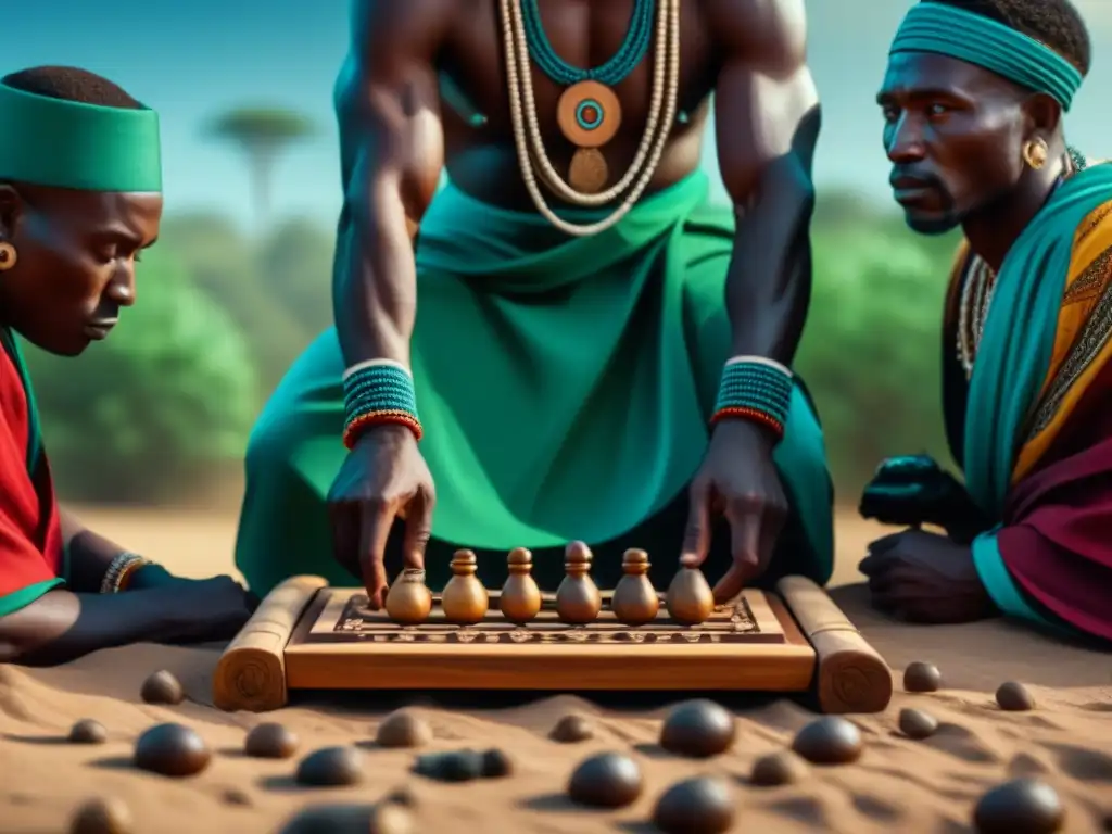 Una escena vibrante de tribus africanas jugando Mancala bajo un baobab