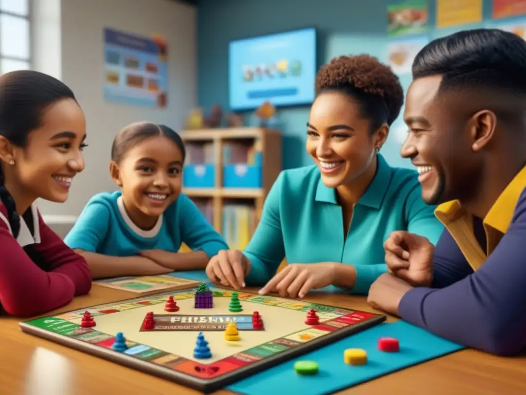 Un escenario educativo vibrante: niños diversos disfrutan de juegos de mesa y materiales educativos mientras un adulto observa con orgullo