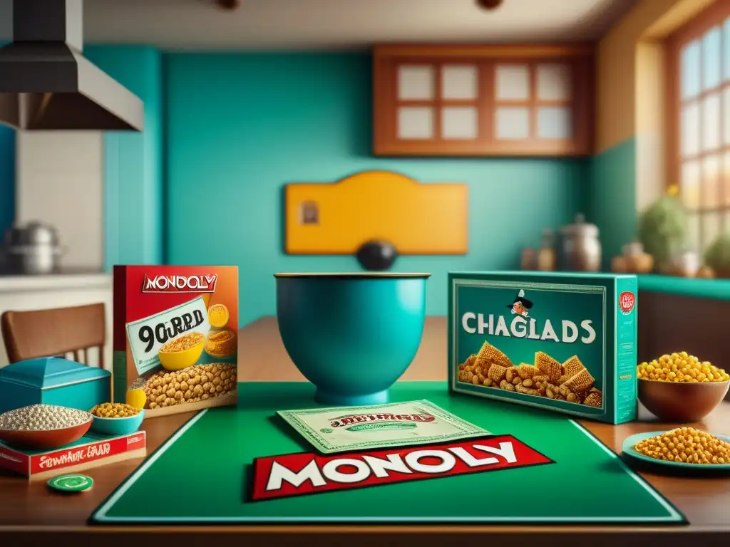 Un escenario nostálgico de los años 90 con juegos de mesa y cereales icónicos, creando una atmósfera acogedora y retro