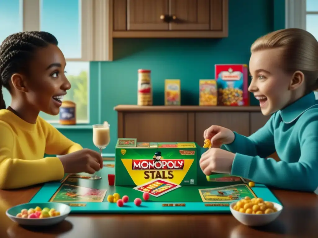 Un escenario vibrante de los 90 con niños felices jugando juegos de mesa clásicos y disfrutando de cereales coloridos