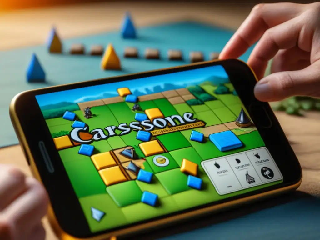 Guía estrategias Carcassonne app smartphone: Detalle del juego digital con tácticas y fichas coloridas en pantalla del móvil