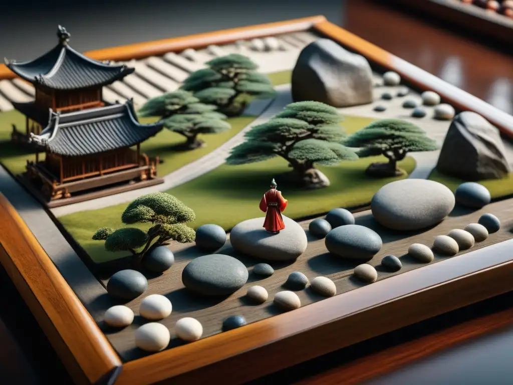 Estrategias milenarias del juego Go: Antiguos eruditos y guerreros juegan en un jardín de cerezos en flor, concentrados en el tablero de Go