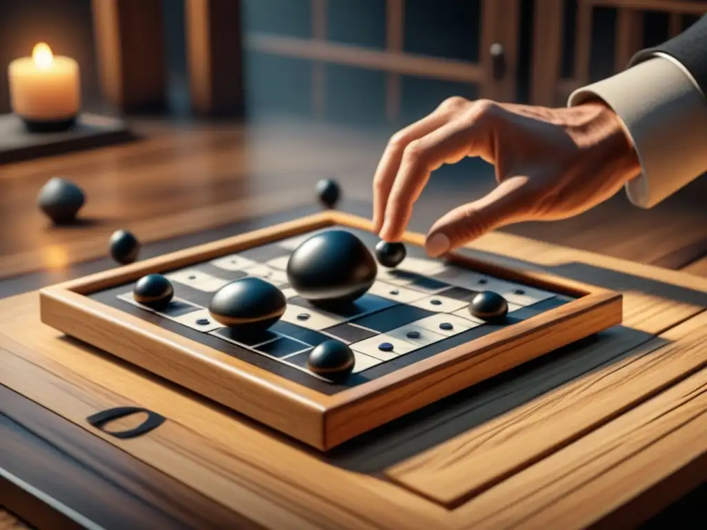 Concentración estratégica en el juego Go: manos sosteniendo piedras blancas y negras sobre tablero de madera