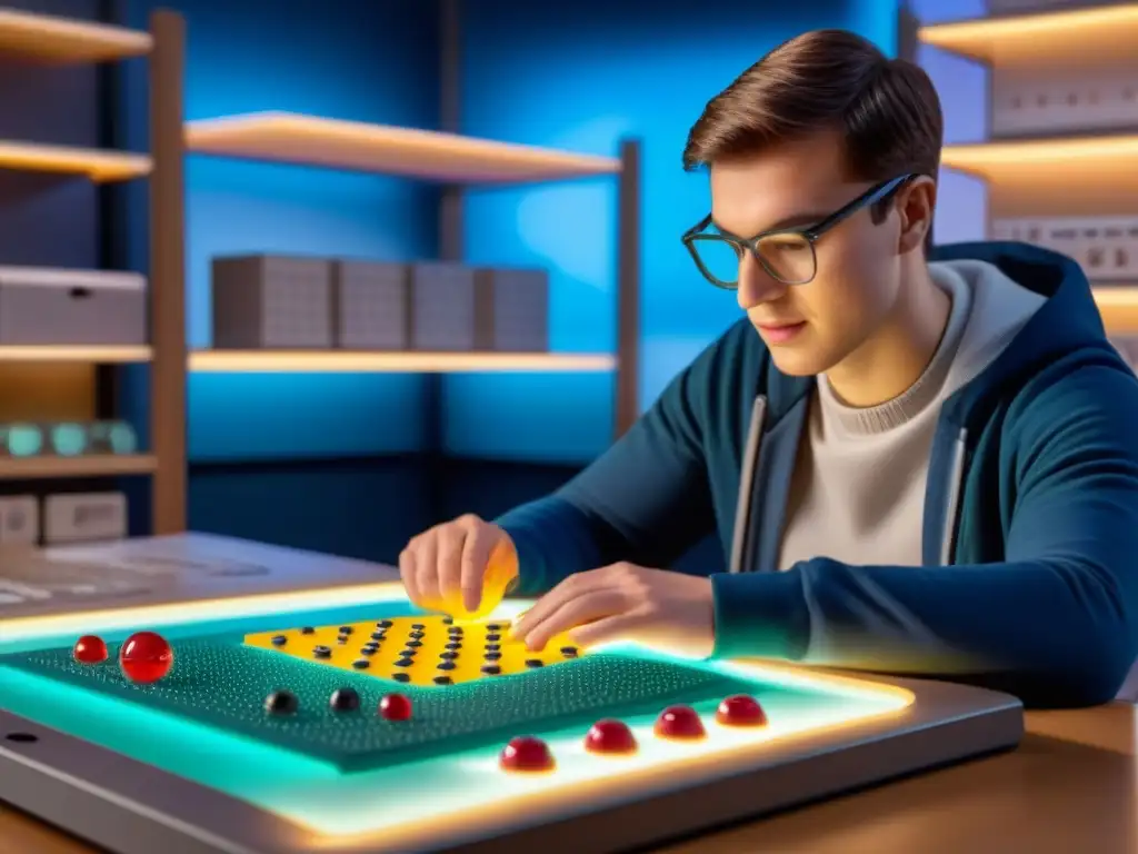 Estudiante ciego disfruta de juego de mesa braille con tecnologías de asistencia