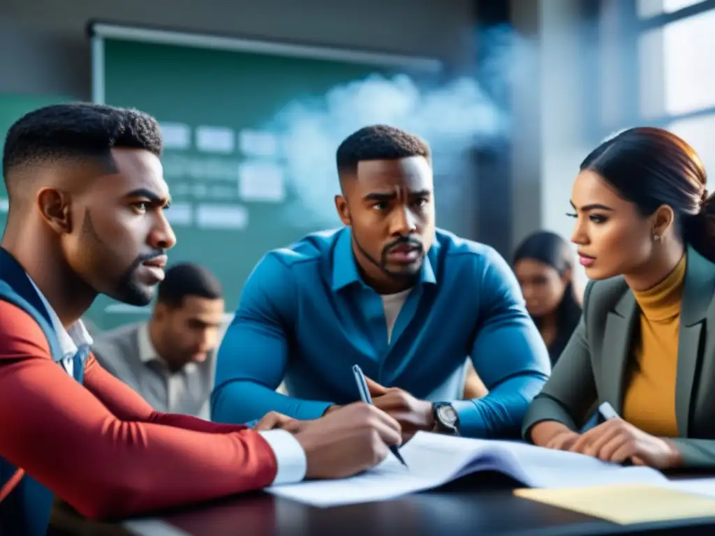 Estudiantes en acalorada discusión, mostrando frustración y determinación en gestión de grupos de rol conflictivos en clase