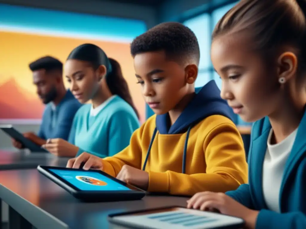 Estudiantes concentrados y emocionados jugando en tabletas en un aula