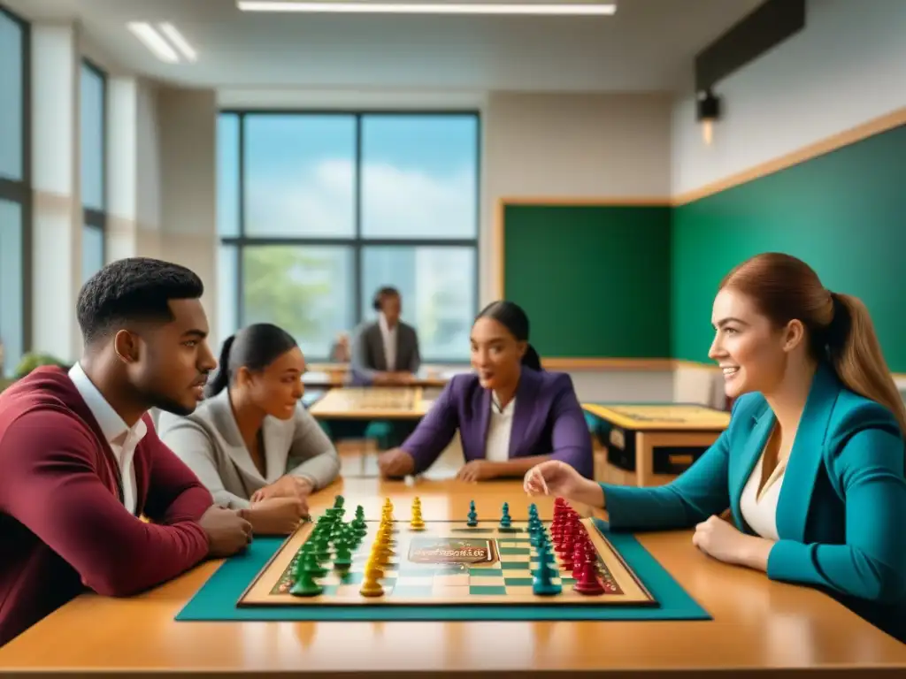 Estudiantes concentrados juegan estrategias de juegos de mesa en aula vibrante