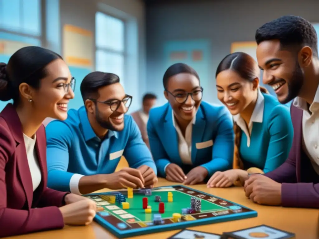 Estudiantes diversos concentrados en un juego de mesa temático de ciencias en aula escolar