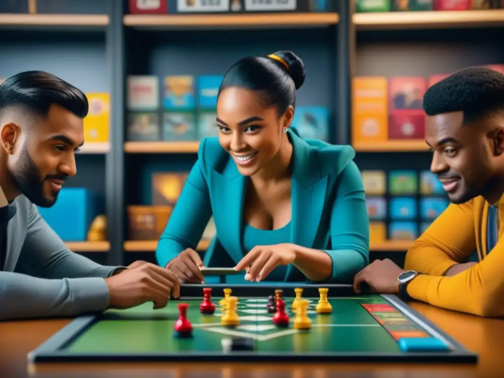 Estudiantes concentrados en un juego de mesa educativo en un aula