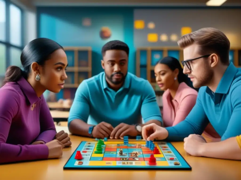 Estudiantes concentrados en un juego de mesa en educación en un aula moderna