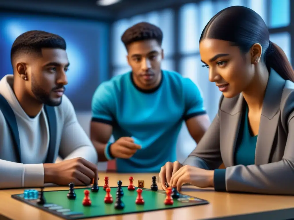 Estudiantes concentrados en un juego de mesa en educación en un aula futurista