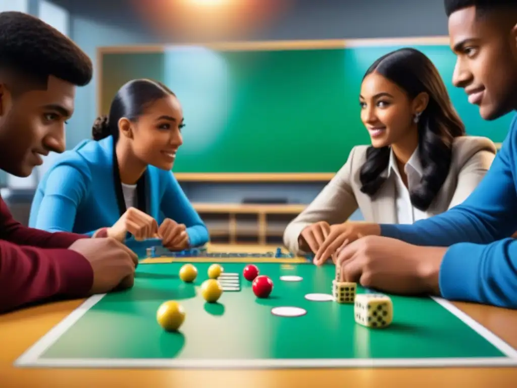 Estudiantes concentrados en juegos de mesa en educación, mostrando habilidades de pensamiento crítico y trabajo en equipo