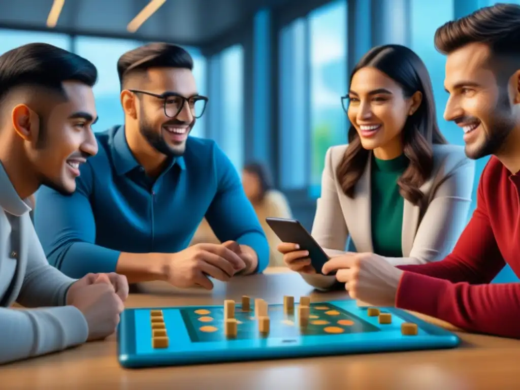 Estudiantes concentrados juegan juegos de mesa tecnología idiomas en aula moderna