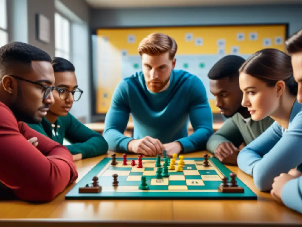 Estudiantes concentrados en juegos de mesa en educación, resolviendo ecuaciones matemáticas en aula colorida