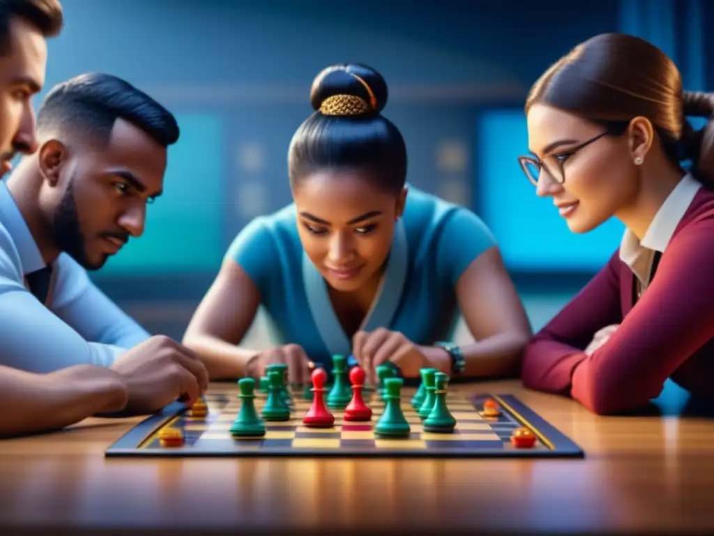 Estudiantes inmersos en juego estratégico educativo Estudiantes concentrados en juegos de mesa educativos en aula moderna