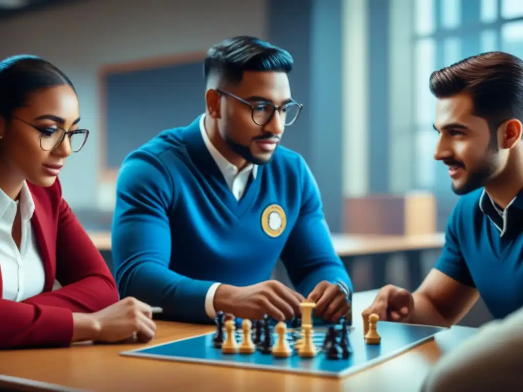Juego de mesa educativo: Diversión y aprendizaje en equipo Estudiantes diversos concentrados y colaborando en juegos de mesa educativos en un aula moderna