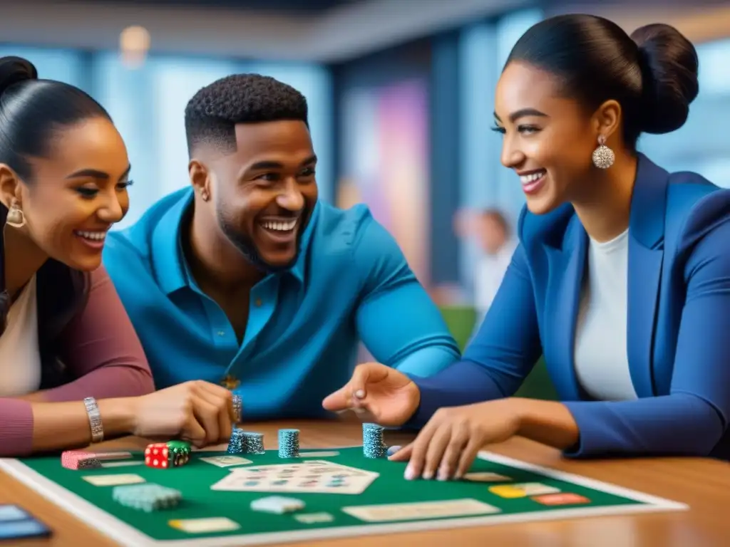 Diversos estudiantes disfrutan aprendiendo conceptos financieros con juegos de mesa en aula vibrante