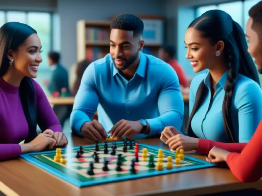 Estudiantes diverso juegan con entusiasmo juegos de mesa en educación, creando un ambiente educativo vibrante