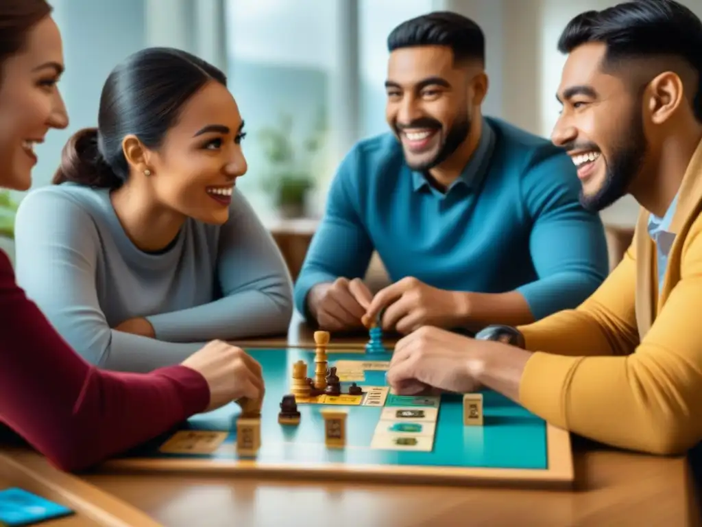 Estudiantes de diferentes edades y etnias disfrutan de juegos de mesa en educación, aprendiendo idiomas con entusiasmo y colaboración