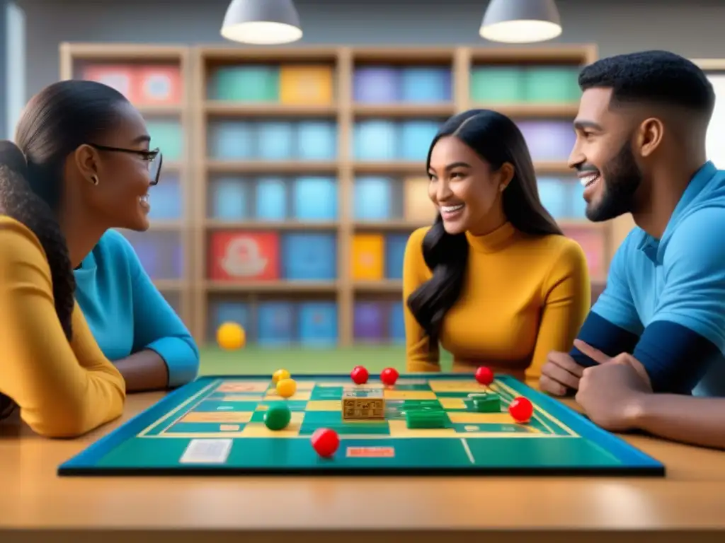 Estudiantes de diferentes edades disfrutan de un juego de mesa educativo en un aula iluminada