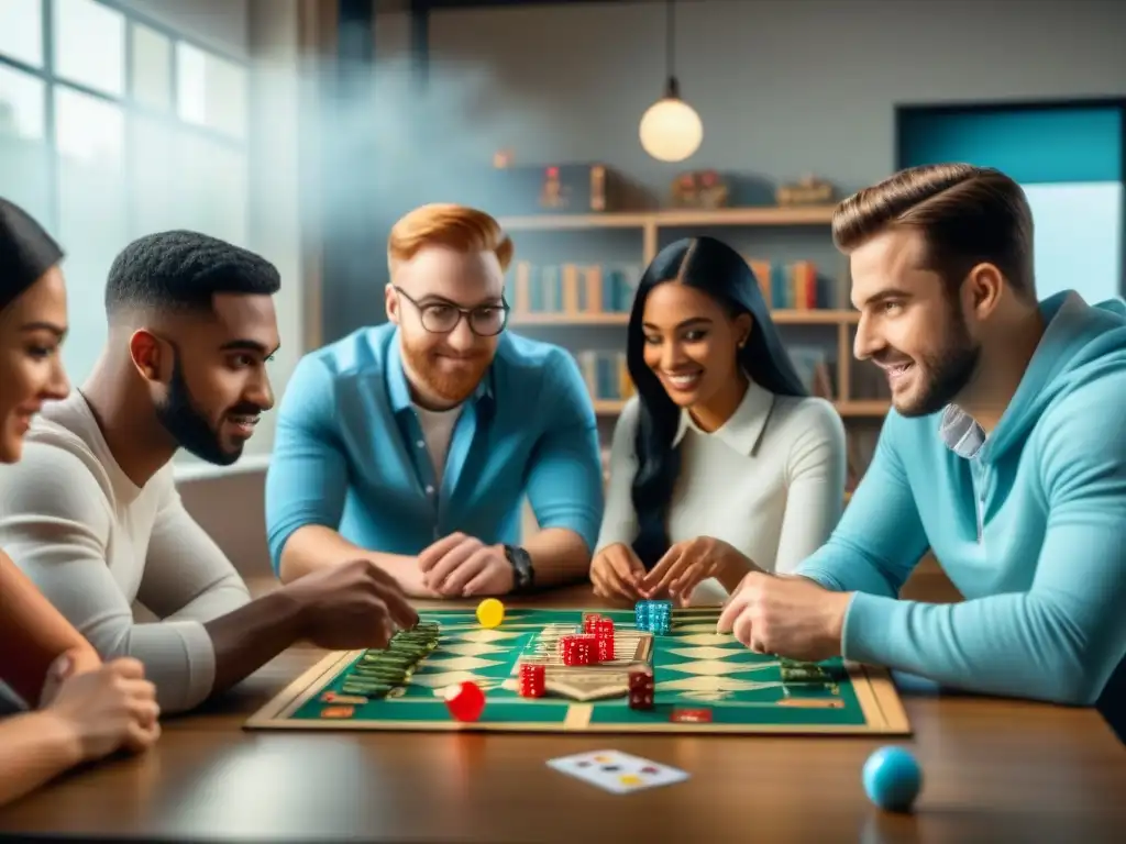 Estudiantes de diversas edades se divierten y aprenden juntos con juegos de mesa en un aula iluminada