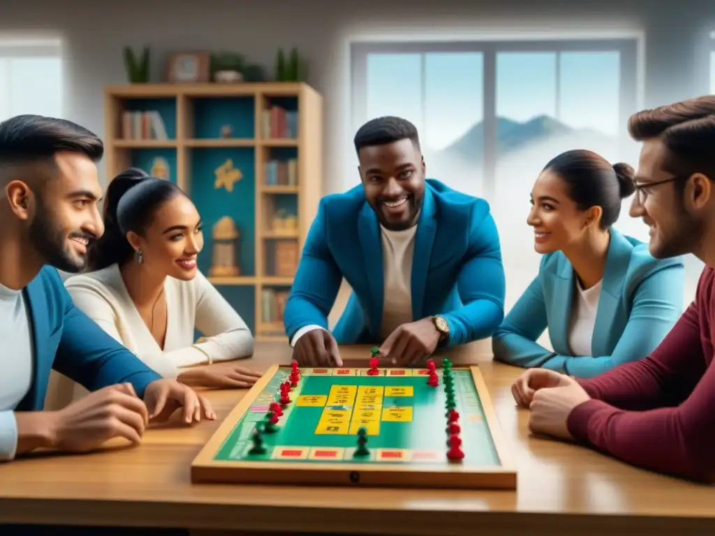 Diversos estudiantes juegan un emocionante juego de mesa en un aula luminosa