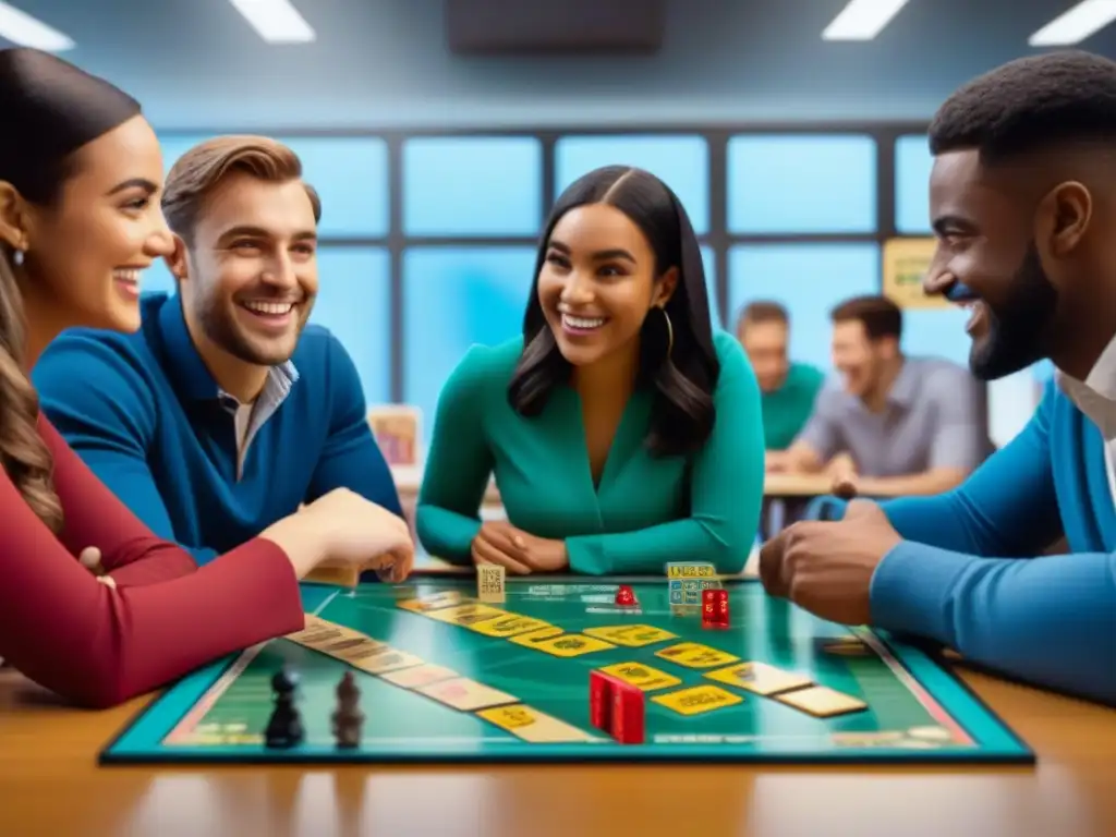 Estudiantes interactúan entusiasmados con juegos de mesa para memorizar vocabulario en aula colaborativa