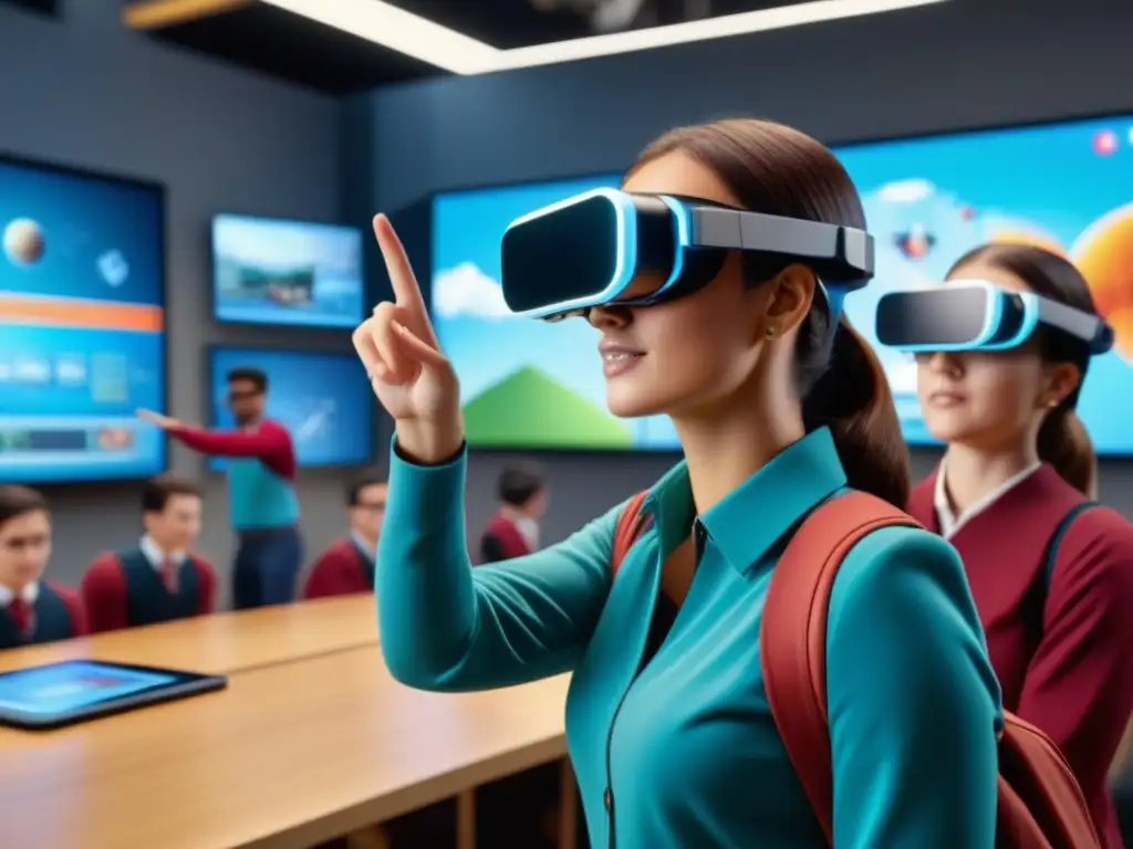 Estudiantes entusiastas participando en un juego educativo interactivo con realidad aumentada en el aula, mejorando estrategias de aprendizaje