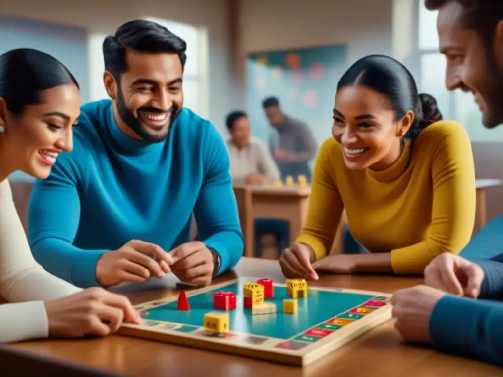 Estudiantes diversos jugando entusiastas un juego de mesa de idiomas en aula luminosa